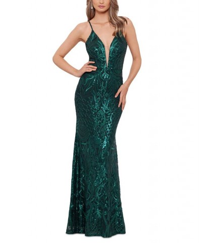 Women's Deep V-Neck Spaghetti-Strap Sequin Gown Hunter $63.60 Dresses