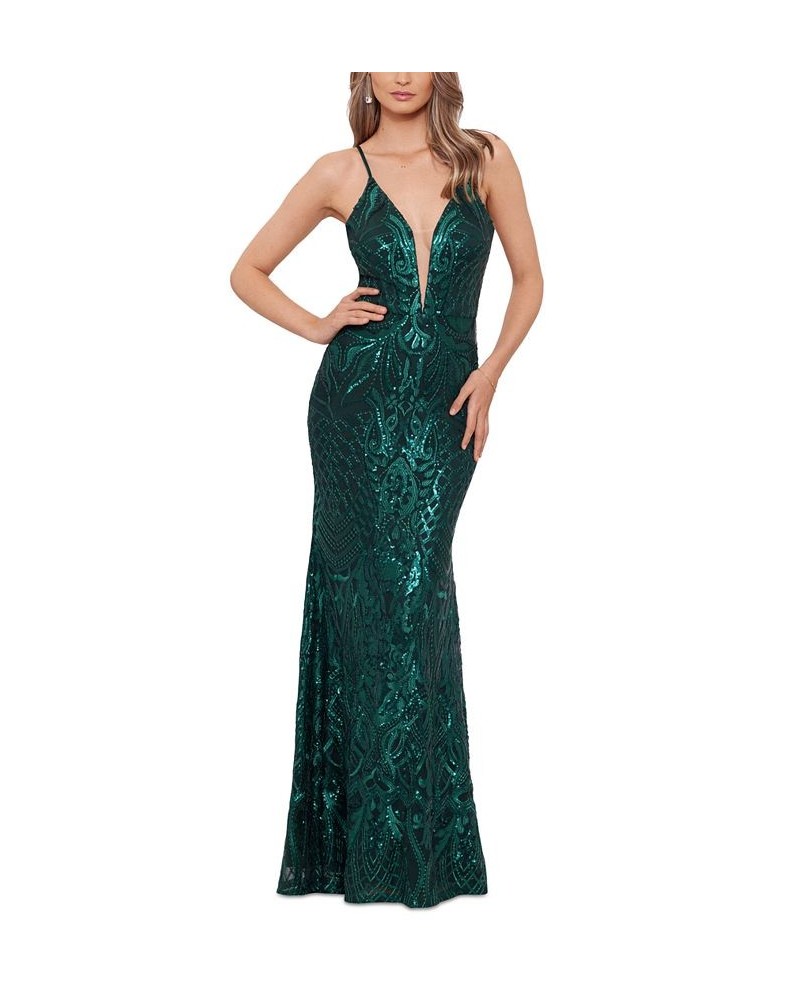 Women's Deep V-Neck Spaghetti-Strap Sequin Gown Hunter $63.60 Dresses