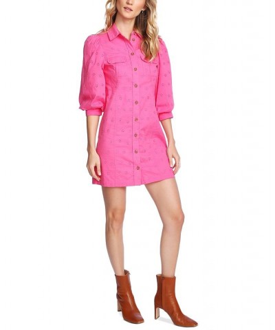 Women's Puff-Sleeve Eyelet Shirtdress Pink $50.88 Dresses