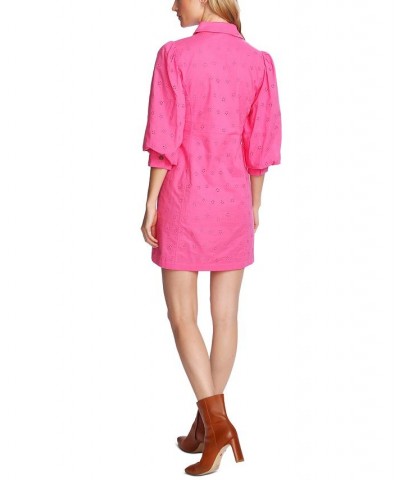 Women's Puff-Sleeve Eyelet Shirtdress Pink $50.88 Dresses