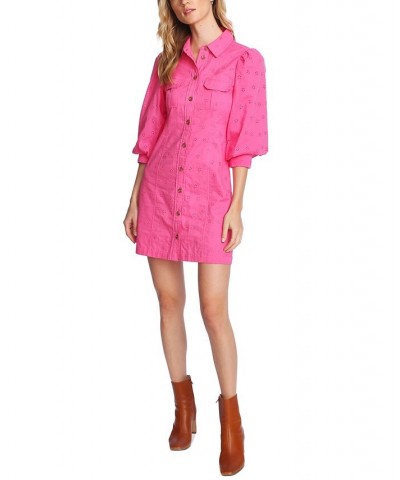 Women's Puff-Sleeve Eyelet Shirtdress Pink $50.88 Dresses