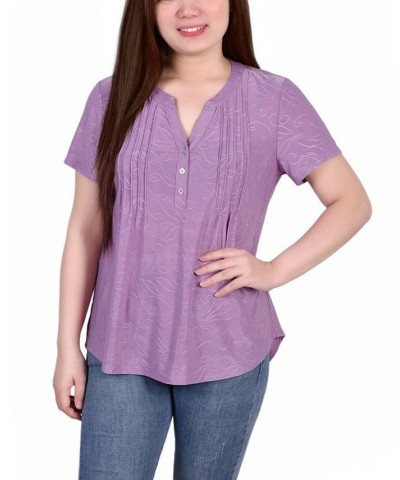 Petite Short Sleeve Y-neck Jacquard Knit Top Lilac $17.05 Tops