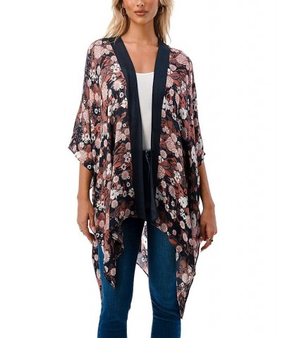 Women's Lightweight Tossed Floral Kimono Wrap Brown $29.38 Tops