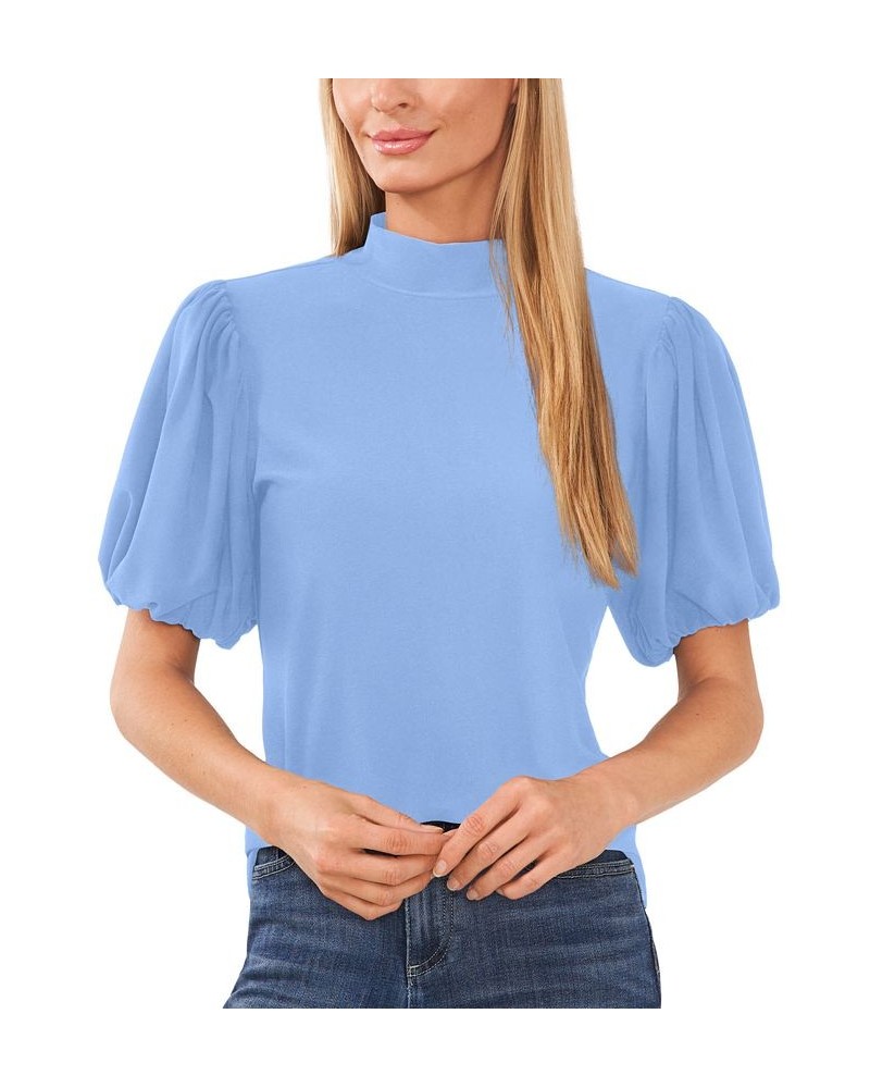 Women's Mock-Neck Short-Balloon-Sleeve Top Blue $27.24 Tops