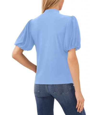 Women's Mock-Neck Short-Balloon-Sleeve Top Blue $27.24 Tops