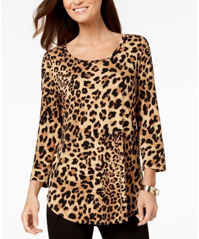 3/4-Sleeve Printed Tunic Top Brown $11.66 Tops