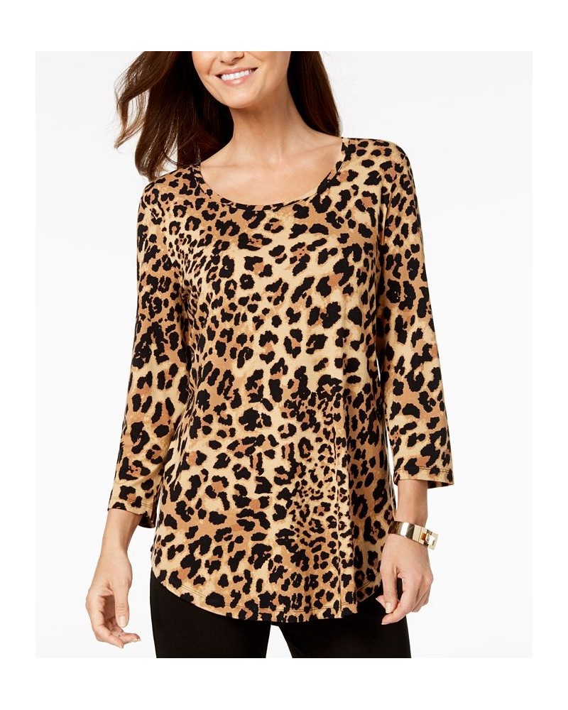 3/4-Sleeve Printed Tunic Top Brown $11.66 Tops