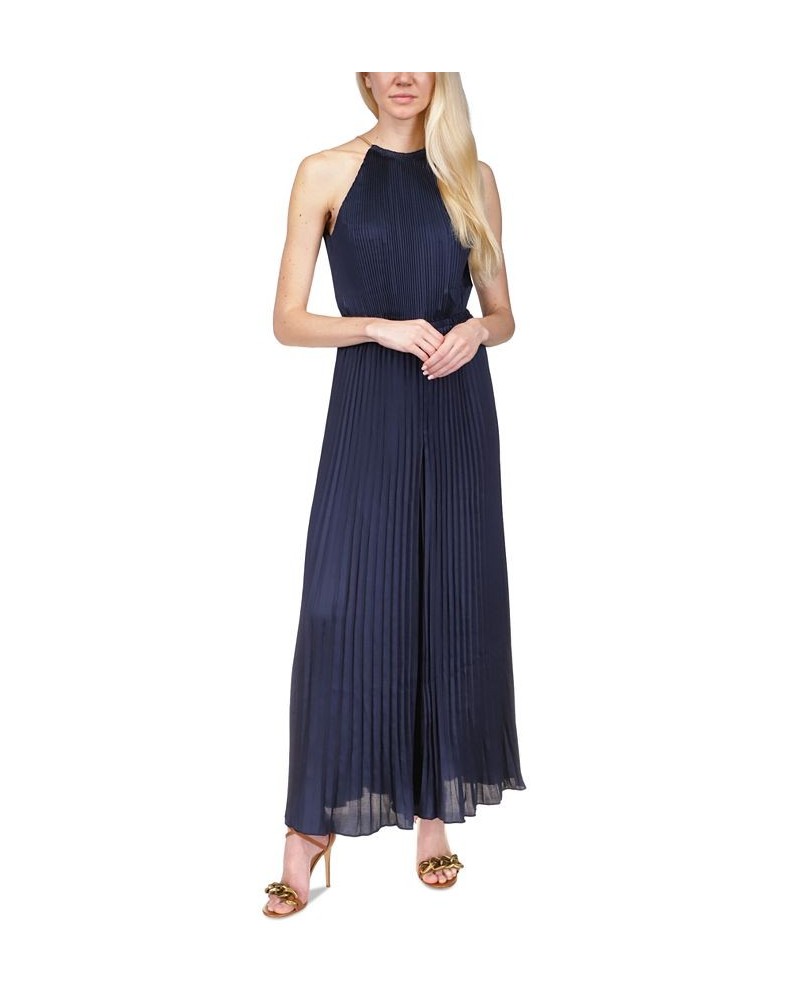 Pleated Chain-Neck Halter Jumpsuit Midnight Blue $85.50 Pants