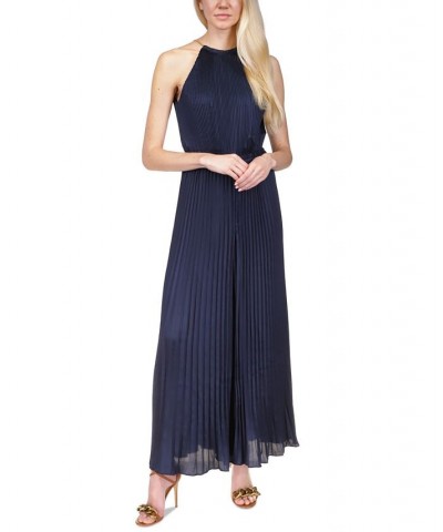 Pleated Chain-Neck Halter Jumpsuit Midnight Blue $85.50 Pants