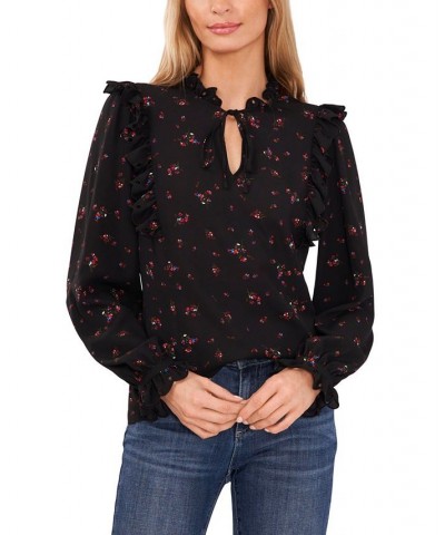 Women's Long Sleeve Blouse with Eyelet Trim Rich Black $46.28 Tops