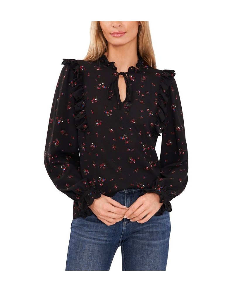 Women's Long Sleeve Blouse with Eyelet Trim Rich Black $46.28 Tops