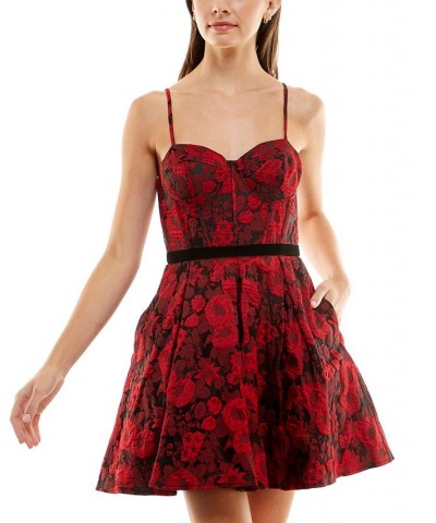 Juniors' Floral-Jacquard Bustier-Bodice Dress Black/Red $20.94 Dresses