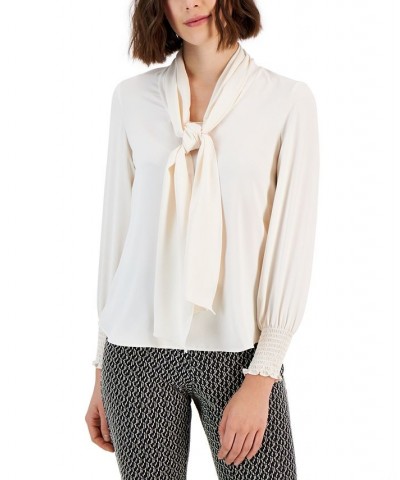 Women's Smocked-Cuff Tie-Neck Blouse White $31.92 Tops