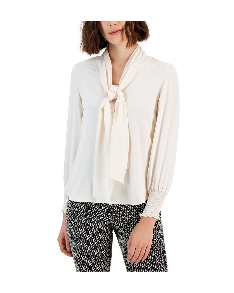 Women's Smocked-Cuff Tie-Neck Blouse White $31.92 Tops