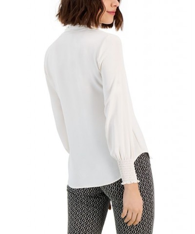 Women's Smocked-Cuff Tie-Neck Blouse White $31.92 Tops