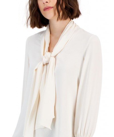 Women's Smocked-Cuff Tie-Neck Blouse White $31.92 Tops