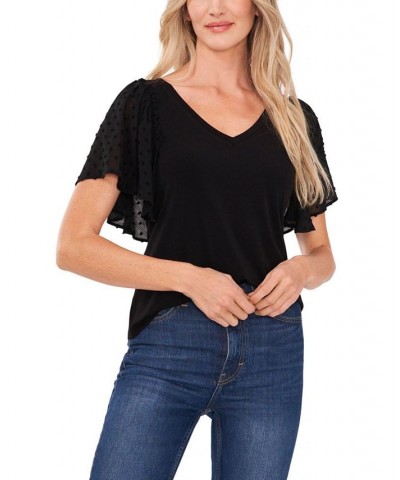 Women's Combo Flutter Sleeve V-neck Blouse Black $31.74 Tops