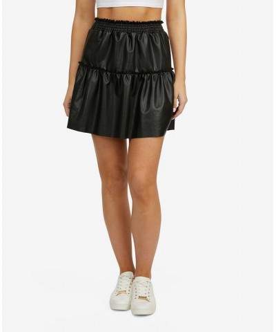 Women's Smocked Waist Faux Leather 2 Tier Mini Skirt Black $43.61 Skirts