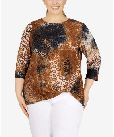 Plus Size Animal Jacquard Twist Top Cognac Multi $20.58 Tops