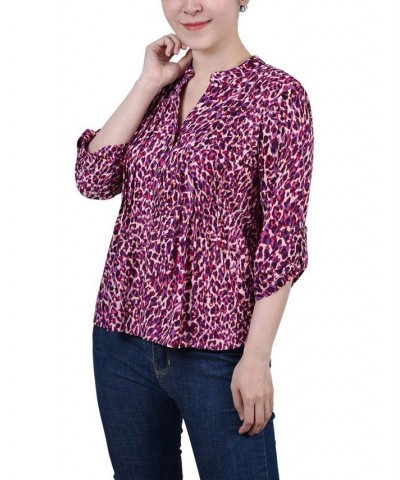 Petite 3/4 Roll Tab Sleeve Printed Pintuck Top Plum Leopard $14.40 Tops