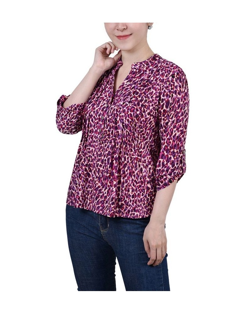 Petite 3/4 Roll Tab Sleeve Printed Pintuck Top Plum Leopard $14.40 Tops