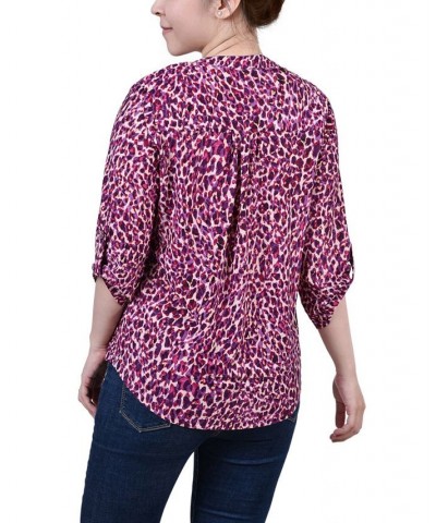 Petite 3/4 Roll Tab Sleeve Printed Pintuck Top Plum Leopard $14.40 Tops