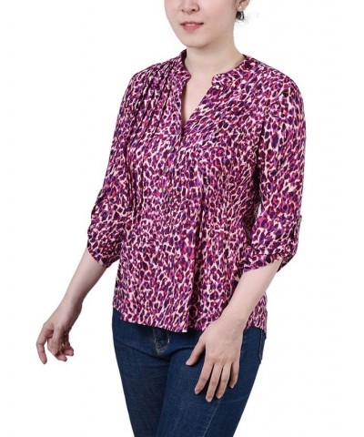 Petite 3/4 Roll Tab Sleeve Printed Pintuck Top Plum Leopard $14.40 Tops