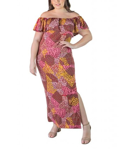 Plus Size Ruffle Off The Shoulder Maxi Dress Brown Multi $17.85 Dresses