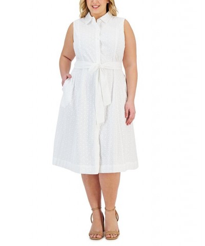 Plus Size Tie Waist Eyelet Midi Shirtdress Bright White $65.19 Dresses