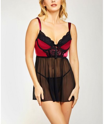 Venetian Lace and Satin Babydoll 2pc Lingerie Set Online Only Wine $34.00 Lingerie