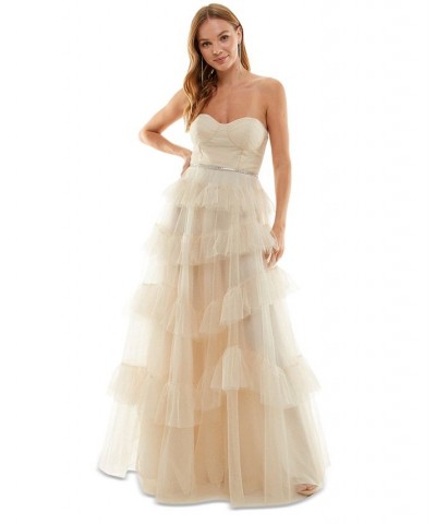 Juniors' Ruffled Tiered Strapless Gown Cream $66.88 Dresses