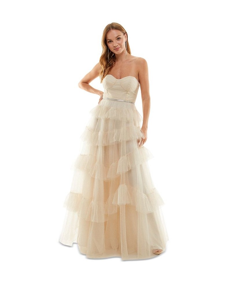 Juniors' Ruffled Tiered Strapless Gown Cream $66.88 Dresses