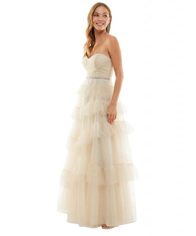 Juniors' Ruffled Tiered Strapless Gown Cream $66.88 Dresses