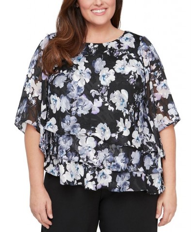 Plus Size Floral-Print Tiered Chiffon Top Black Purple $69.96 Tops