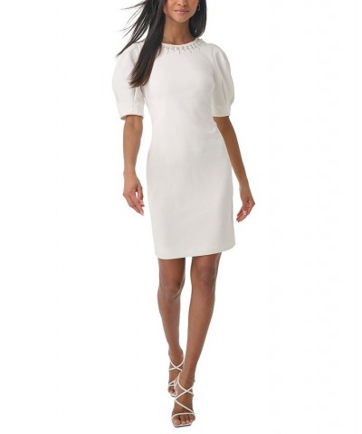 Women's Scuba-Crepe Puff-Sleeve Sheath Dress White $69.52 Dresses