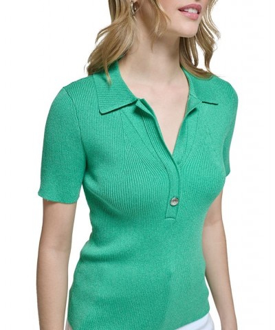 Women's Metallic Collared Sweater Green $43.86 Sweaters