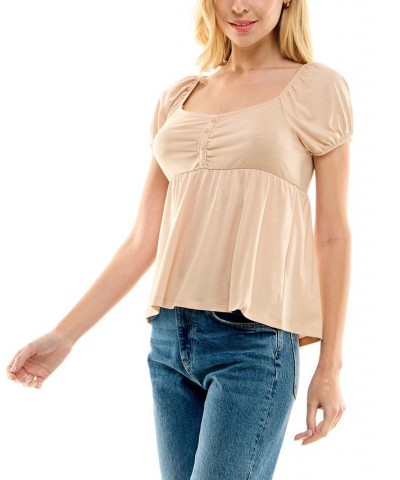 Juniors' Puffed-Sleeve Empire-Waist Top Brown $19.72 Tops