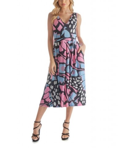 Women's Sleeveless Midi Fit Flare Dress Blue Multi $44.87 Dresses