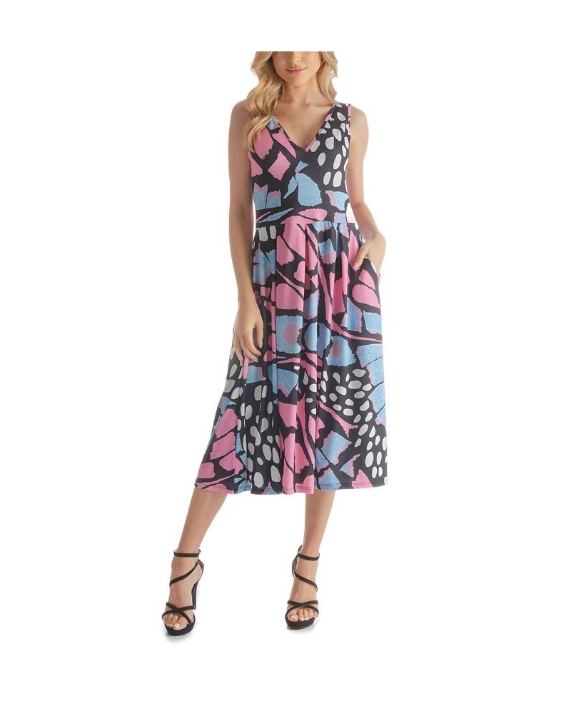 Women's Sleeveless Midi Fit Flare Dress Blue Multi $44.87 Dresses