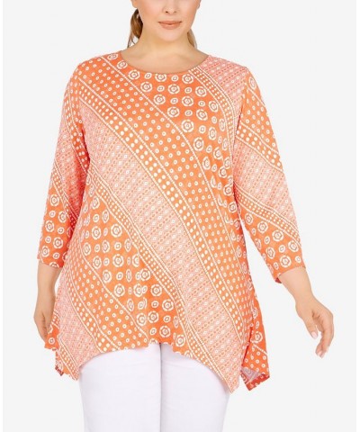 Plus Size Knit Diagonal Stripe Puff Print Top Orange $21.00 Tops