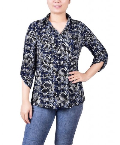 Women's 3/4 Ruched Sleeve Studded Y-neck Top Snake Navy $13.86 Tops