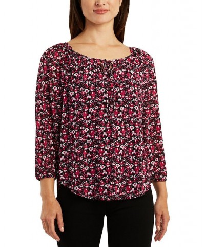 Juniors' Floral Mesh Keyhole Tie-Neck Peasant Top Pat J $12.60 Tops