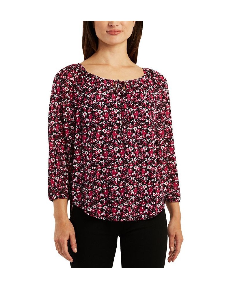 Juniors' Floral Mesh Keyhole Tie-Neck Peasant Top Pat J $12.60 Tops