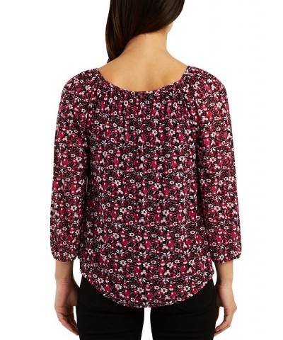 Juniors' Floral Mesh Keyhole Tie-Neck Peasant Top Pat J $12.60 Tops