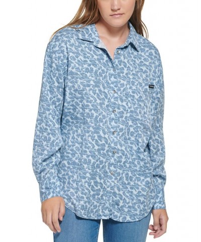 Women's Long Sleeve Animal-Print Boyfriend Shirt Blue $30.00 Tops