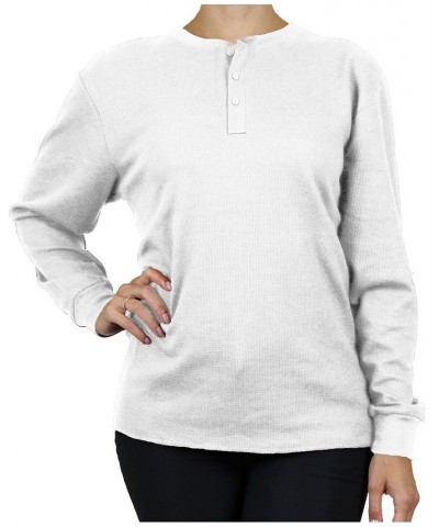 Women's Oversize Loose Fitting Waffle-Knit Henley Thermal Sweater White $17.64 Sweaters