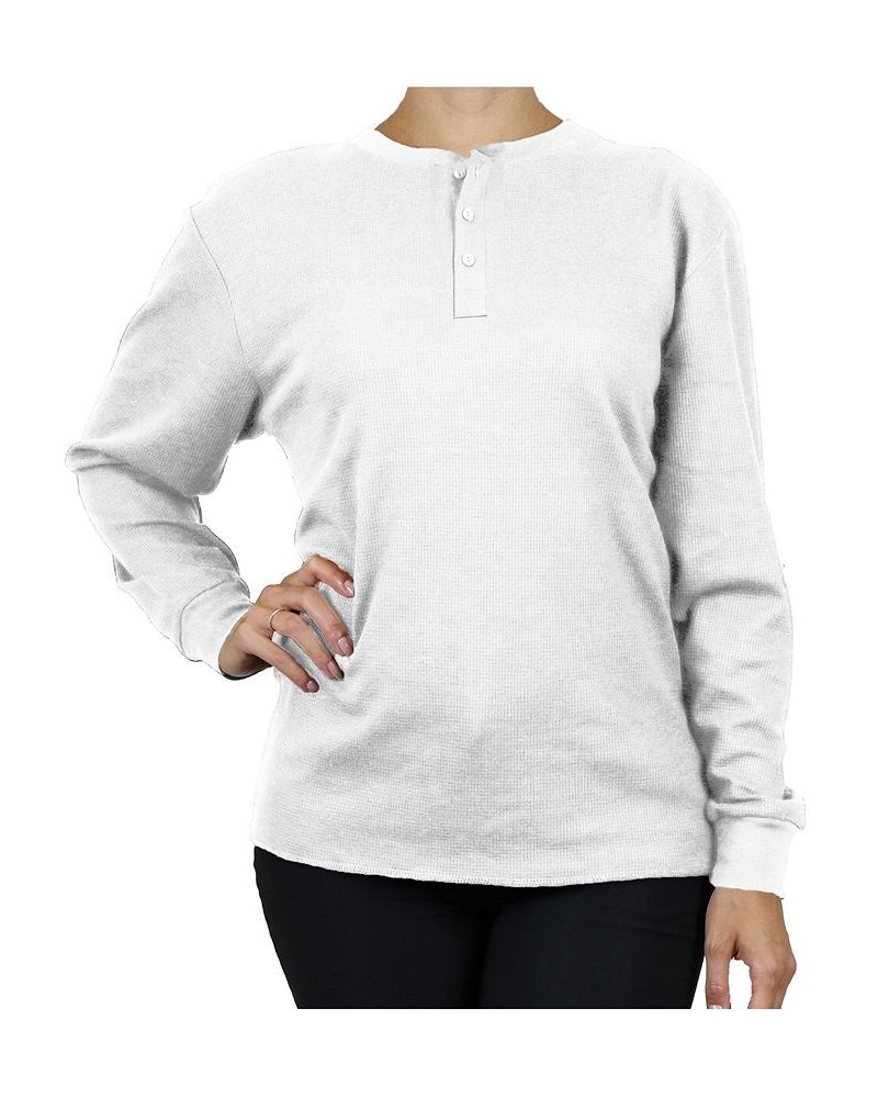 Women's Oversize Loose Fitting Waffle-Knit Henley Thermal Sweater White $17.64 Sweaters