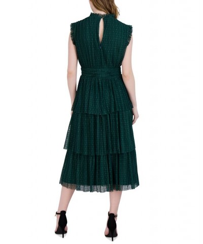 Women's Mesh-Yoke Ruffled-Hem Dress Green $49.17 Dresses