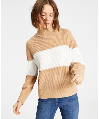 Juniors' Mock-Neck Striped Long-Sleeve Sweater Tan/Beige $12.11 Sweaters