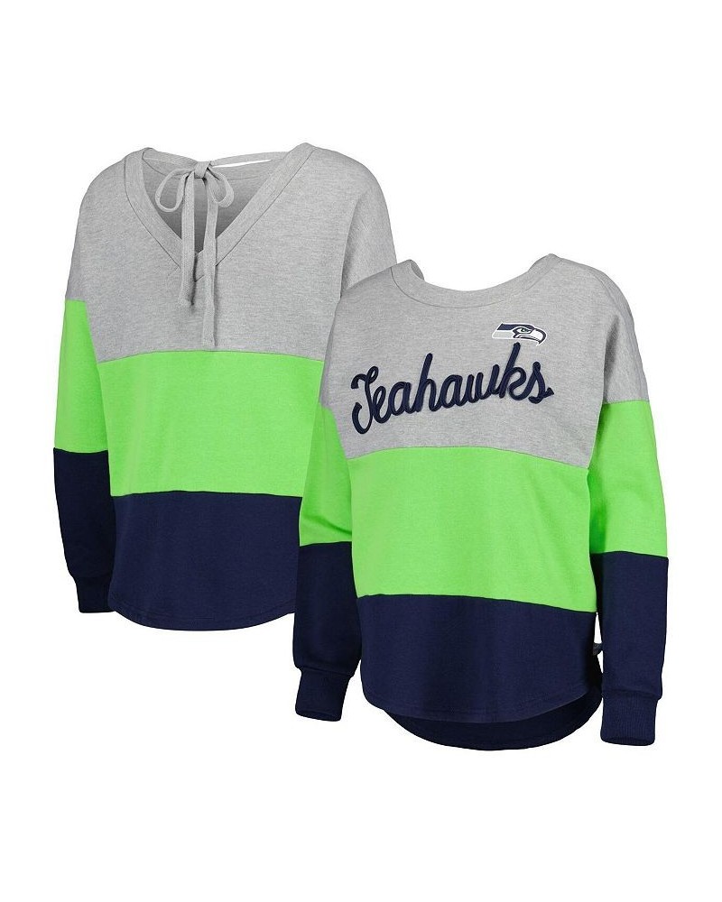 Women's Heathered Gray College Navy Seattle Seahawks Outfield Deep V-Back Pullover Sweatshirt Blue $40.14 Sweatshirts